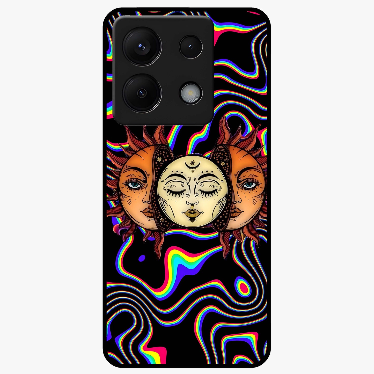 Psychedelic Sun Glass Case showing flat back view with colorful psychedelic sun artwork and glossy glass finish.