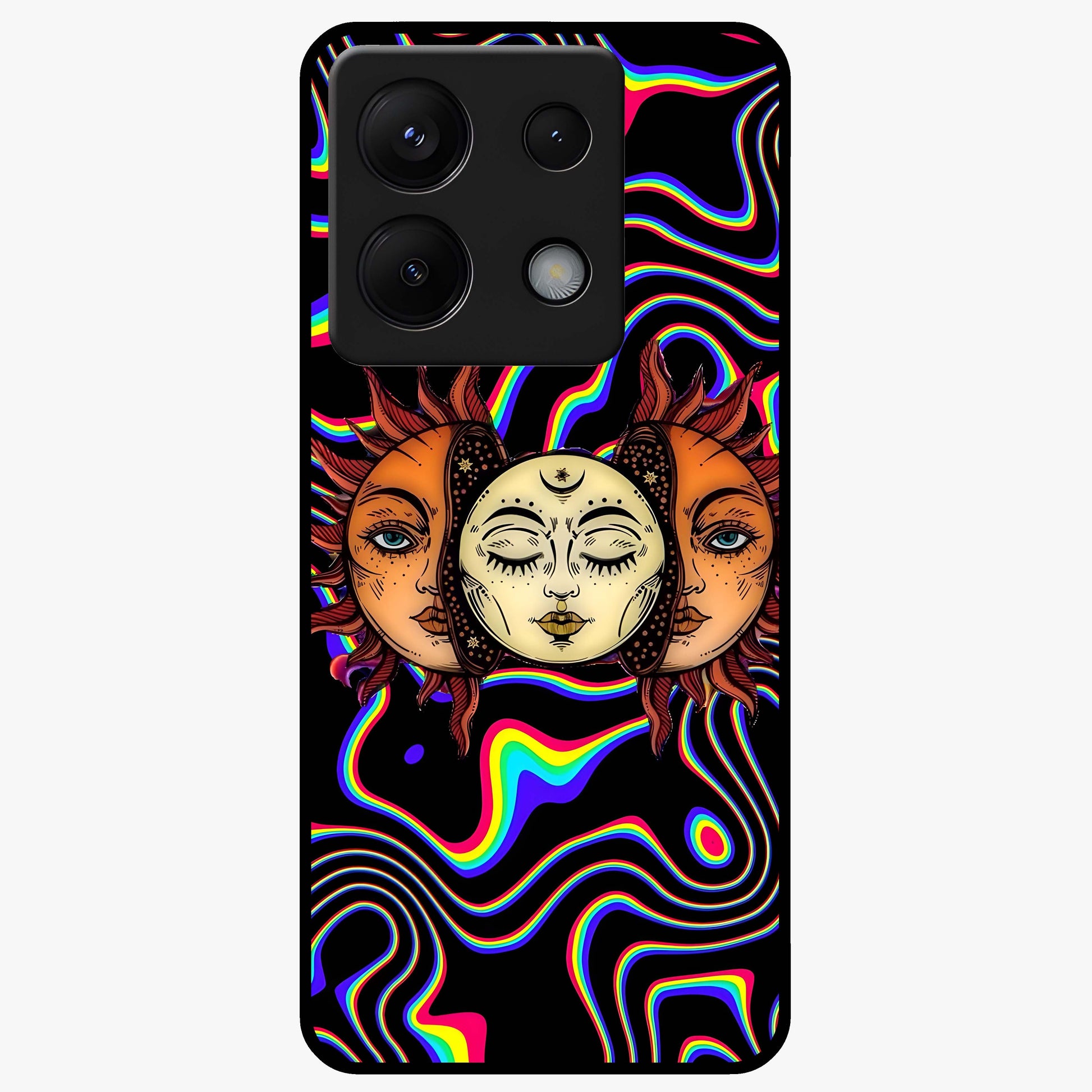 Psychedelic Sun Glass Case showing flat back view with colorful psychedelic sun artwork and glossy glass finish.