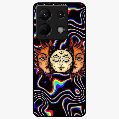Psychedelic Sun Glass Case showing flat back view with colorful psychedelic sun artwork and glossy glass finish.