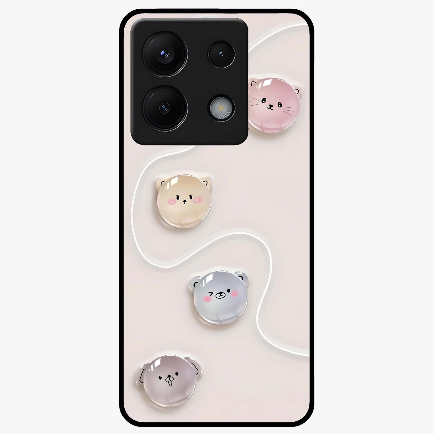 Puffy Face Parade Glass Case showing flat back view with cute puffy character faces artwork and glossy glass finish.