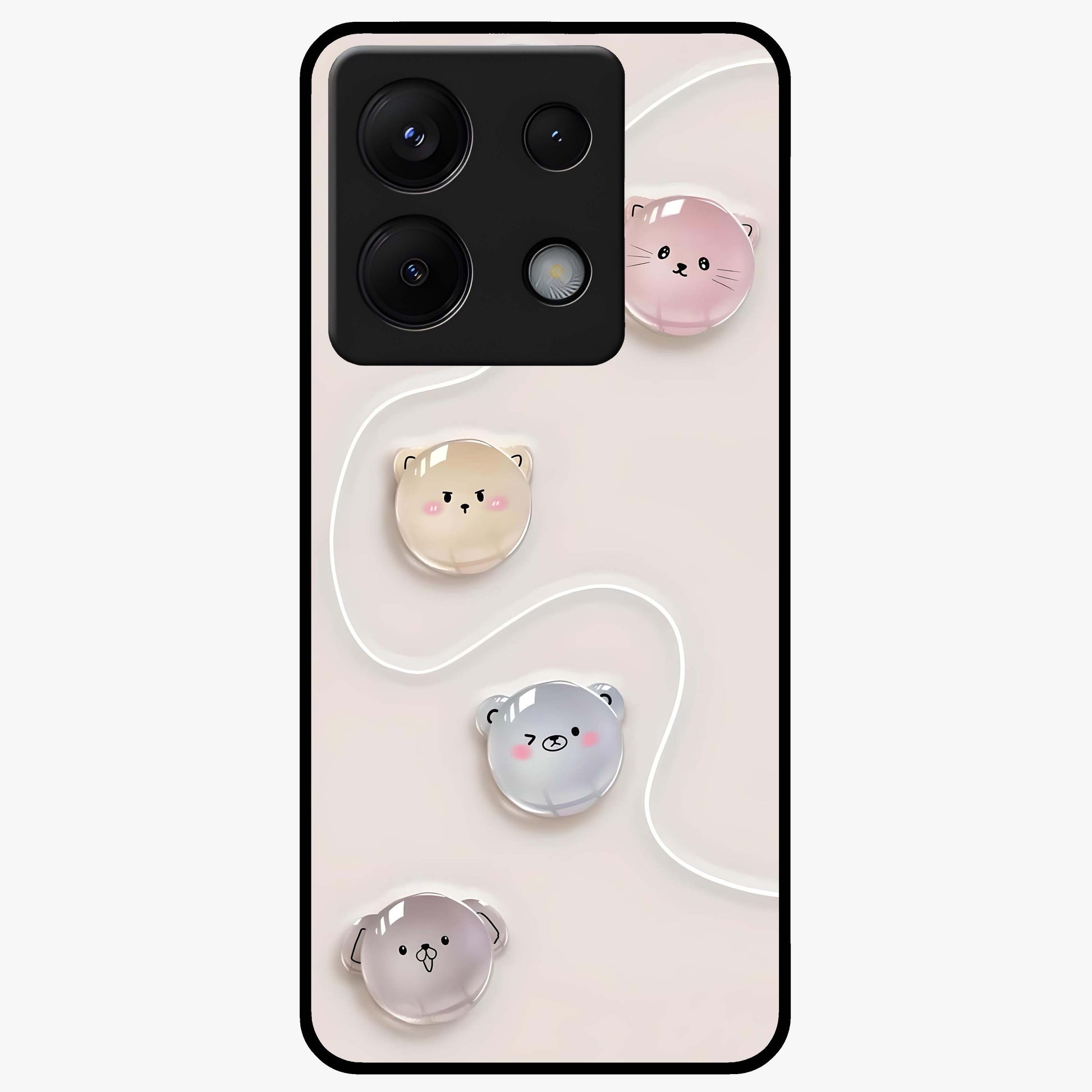 Puffy Face Parade Glass Case showing flat back view with cute puffy character faces artwork and glossy glass finish.