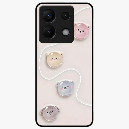 Puffy Face Parade Glass Case showing flat back view with cute puffy character faces artwork and glossy glass finish.