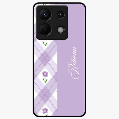 Purple Diamond Floral Glass Case showing flat back view with diamond shaped floral artwork and glossy glass finish.