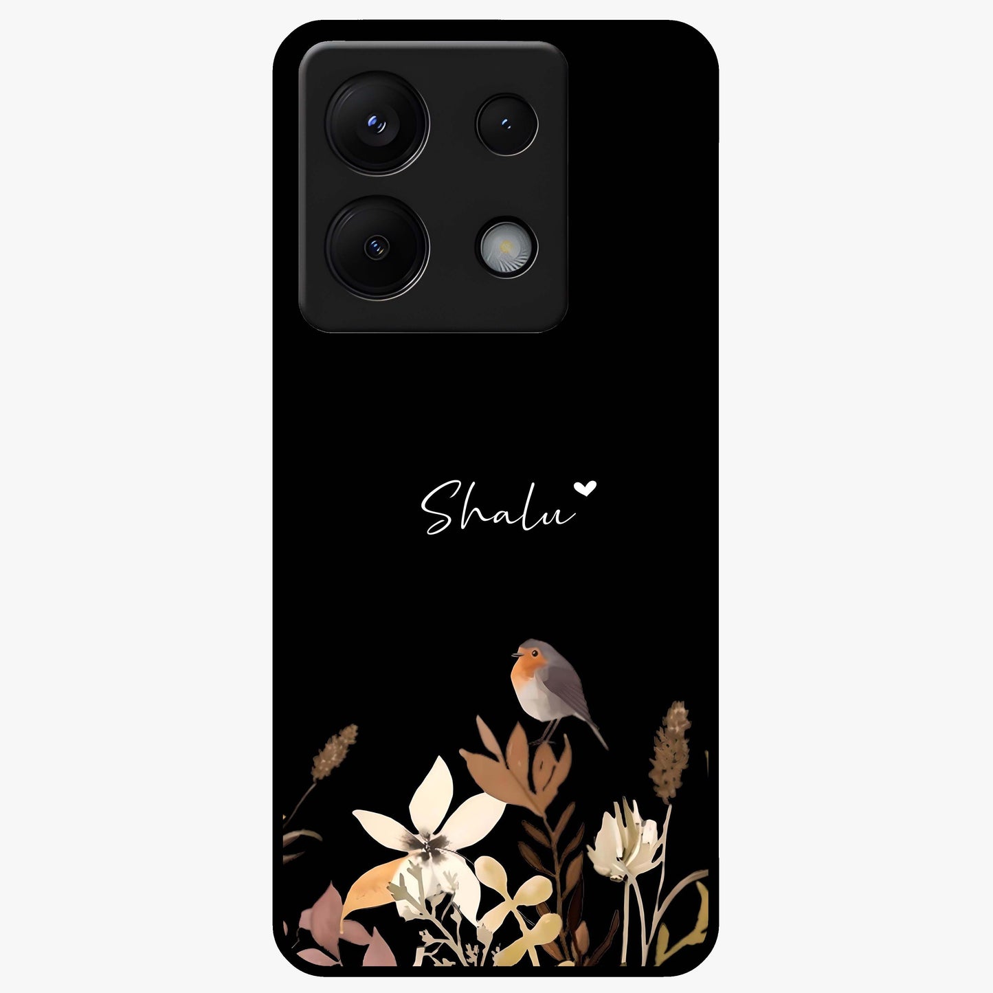 Quiet Garden Tune Custom Name Glass Case showing flat back view with peaceful garden artwork and personalized name design.