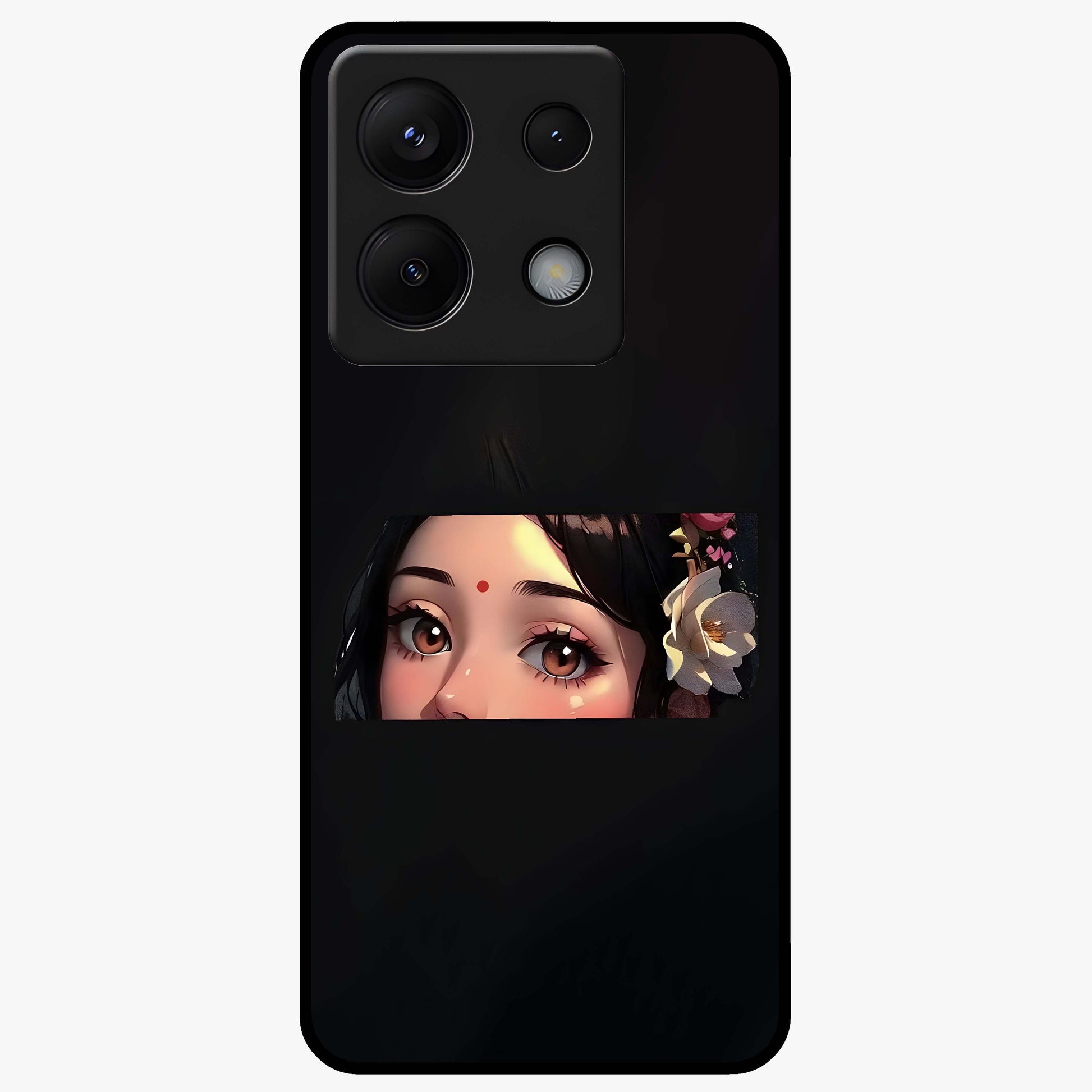 Radha Divine Embrace Glass Case showing flat back view with devotional Radha artwork and glossy glass finish.
