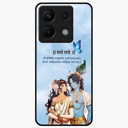Radha Krishna Eternal Glass Case showing flat back view with Radha Krishna devotional artwork and glossy glass finish.