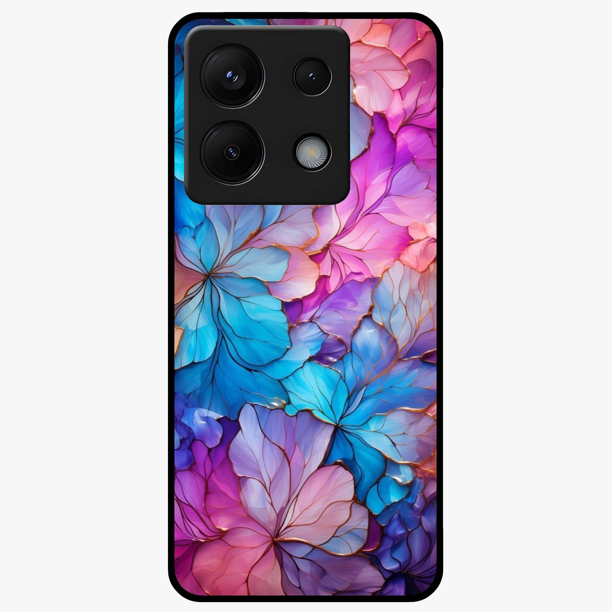 Radiant Floral Whirl Glass Case showing flat back view with swirling floral artwork and glossy glass finish.