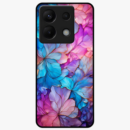 Radiant Floral Whirl Glass Case showing flat back view with swirling floral artwork and glossy glass finish.