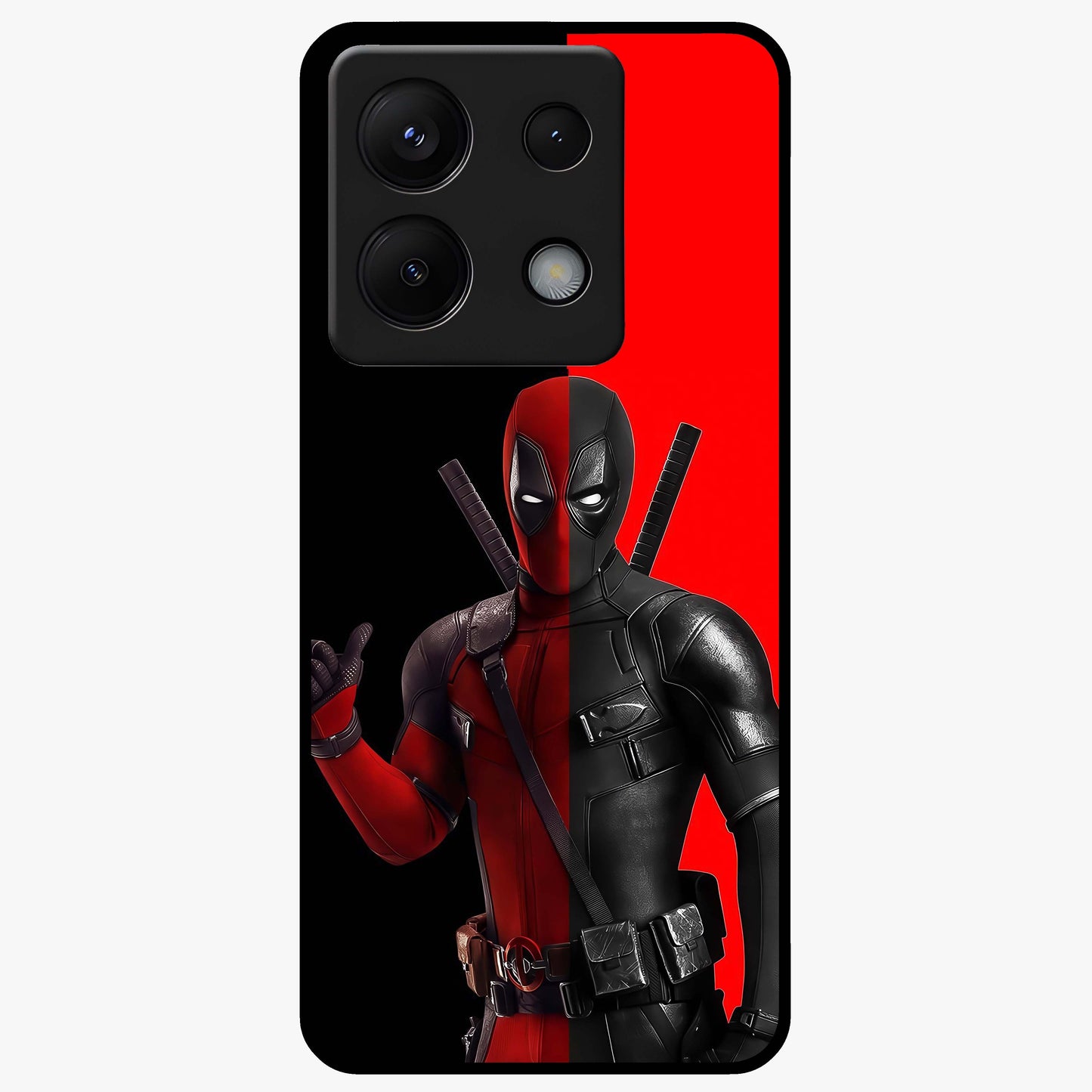 Red & Black Deadpool Theme Glass Case showing flat back view with bold comic inspired artwork and glossy glass finish.