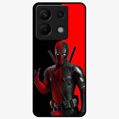 Red & Black Deadpool Theme Glass Case showing flat back view with bold comic inspired artwork and glossy glass finish.