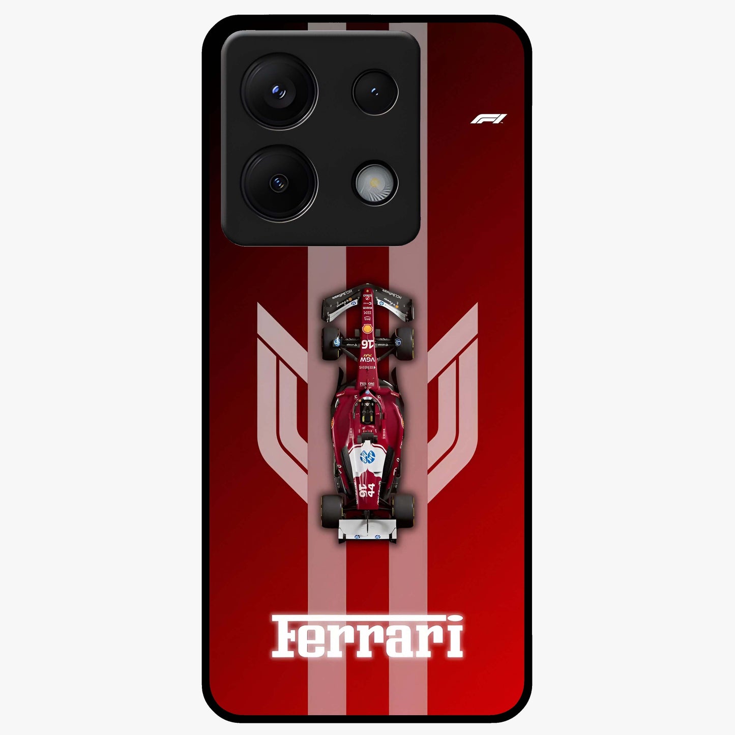 Red Ferrari F1 Vertical Glass Case showing flat back view with sleek Formula racing car artwork and glossy glass finish.