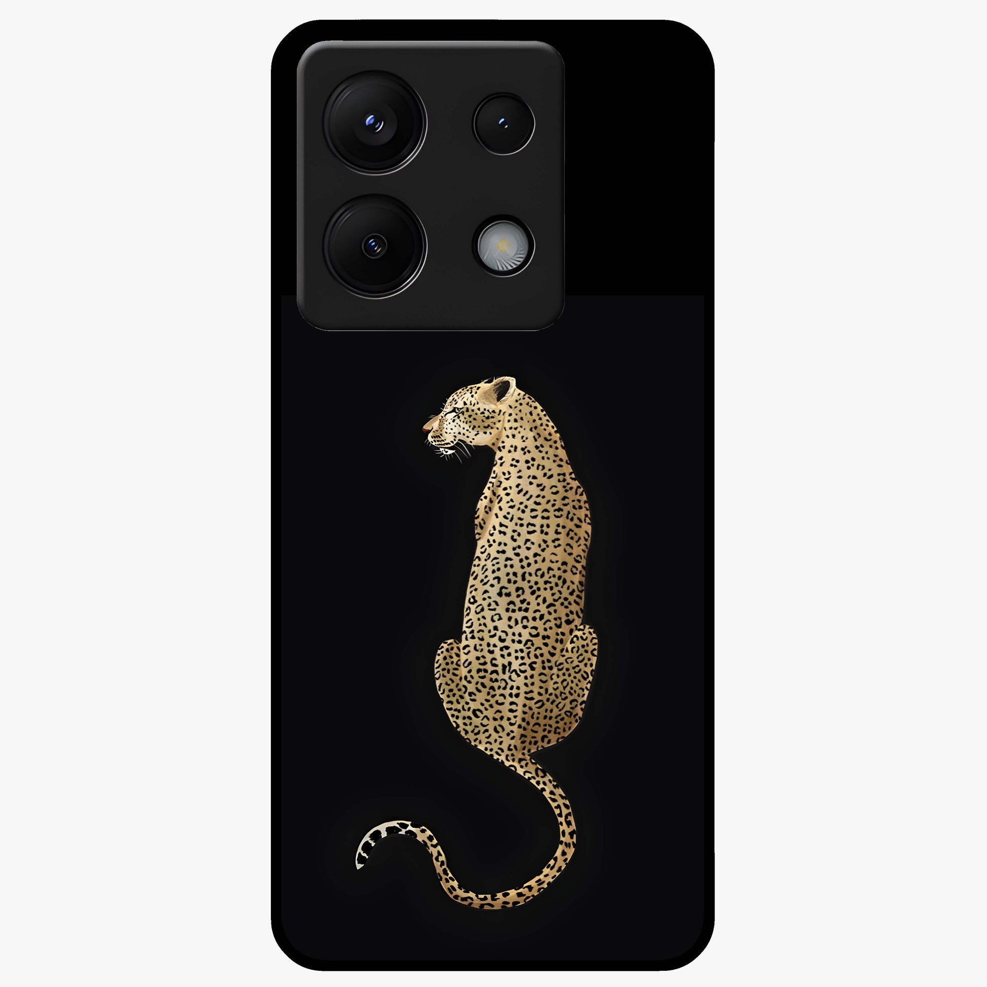 Regal Leopard Glass Case showing flat back view with bold leopard artwork and glossy glass finish.