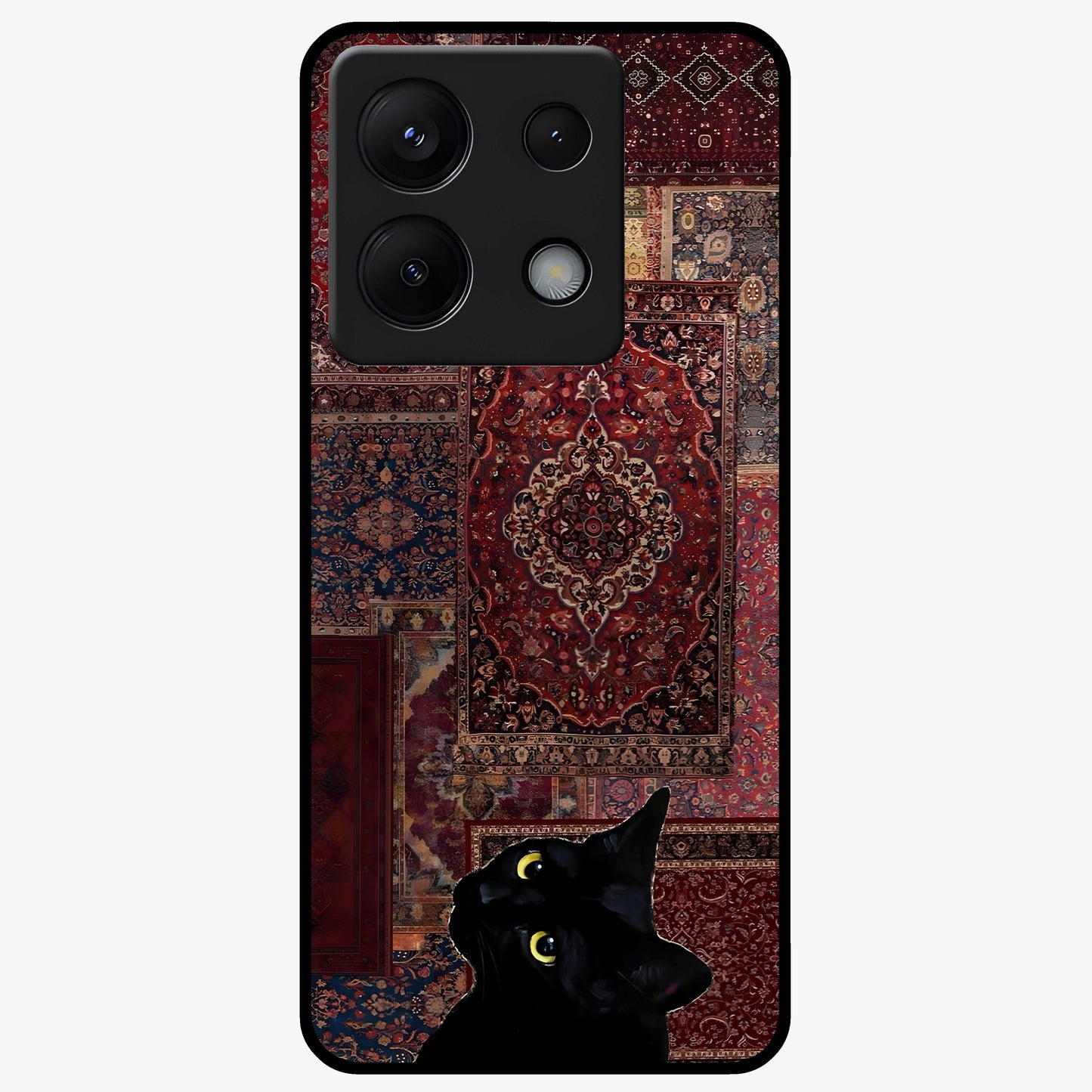 Regal Magic Cat Apple Glass Case showing flat back view with magical cat artwork holding apple and glossy glass finish.