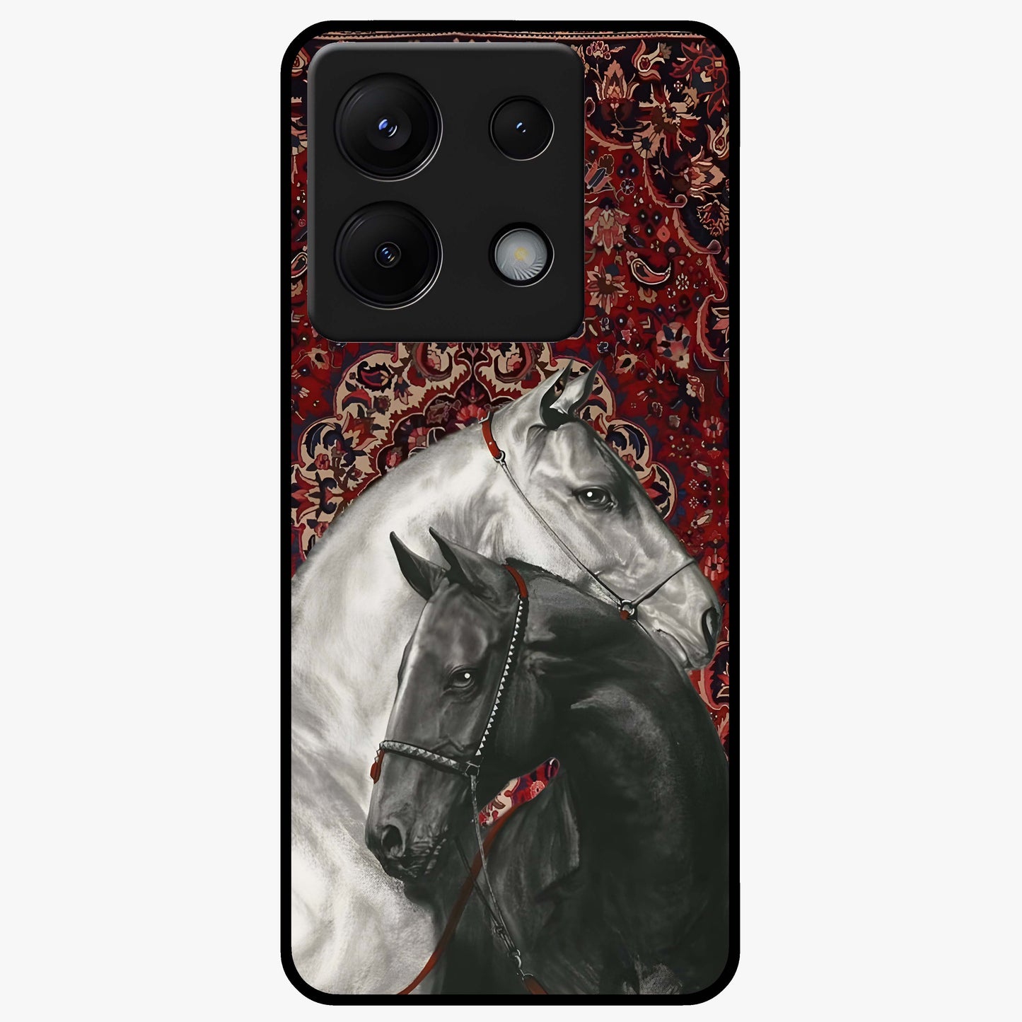 Regal Stallion Tapestry Glass Case showing flat back view with majestic horse tapestry artwork and glossy glass finish.
