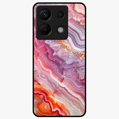 Rose Quartz Marble Glass Case showing flat back view with pink marble quartz texture artwork and glossy glass finish.