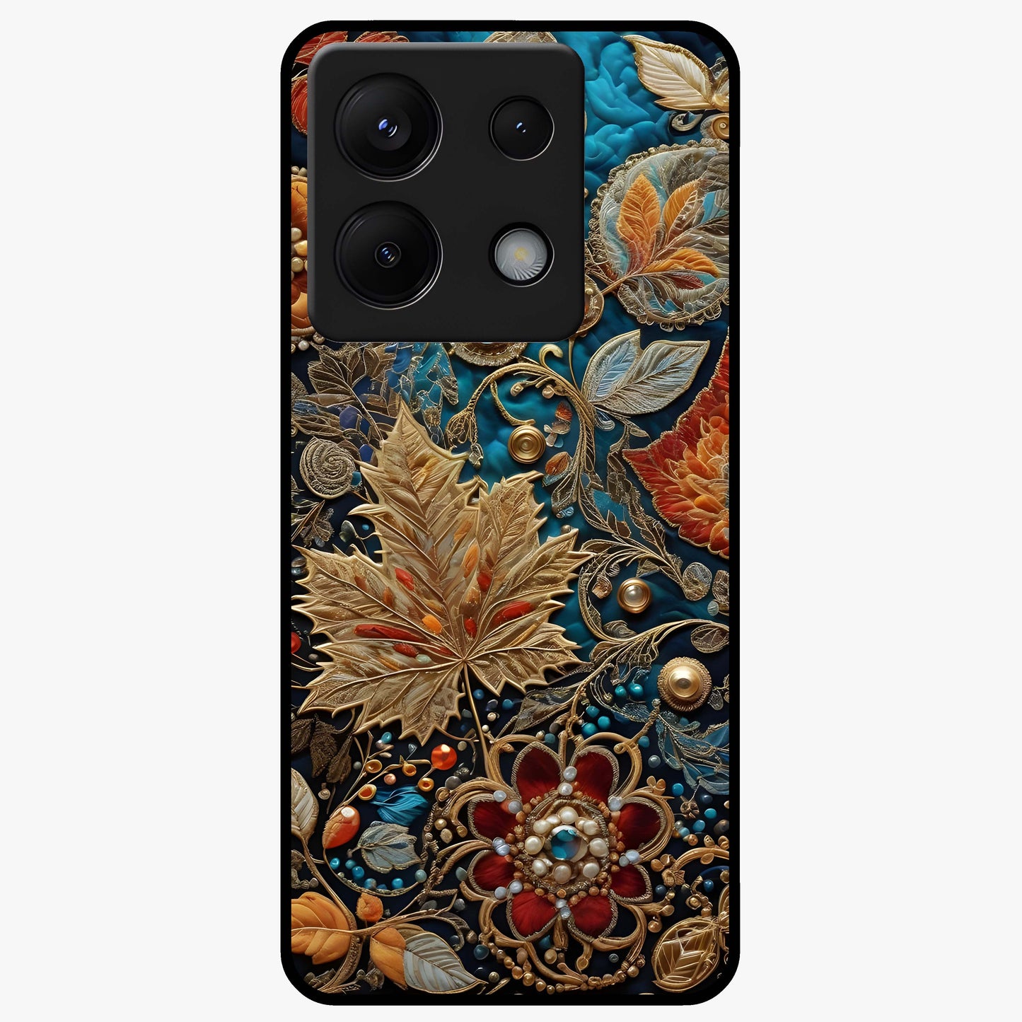 Royal Jewel Garden Glass Case showing flat back view with decorative floral garden artwork and glossy glass finish.