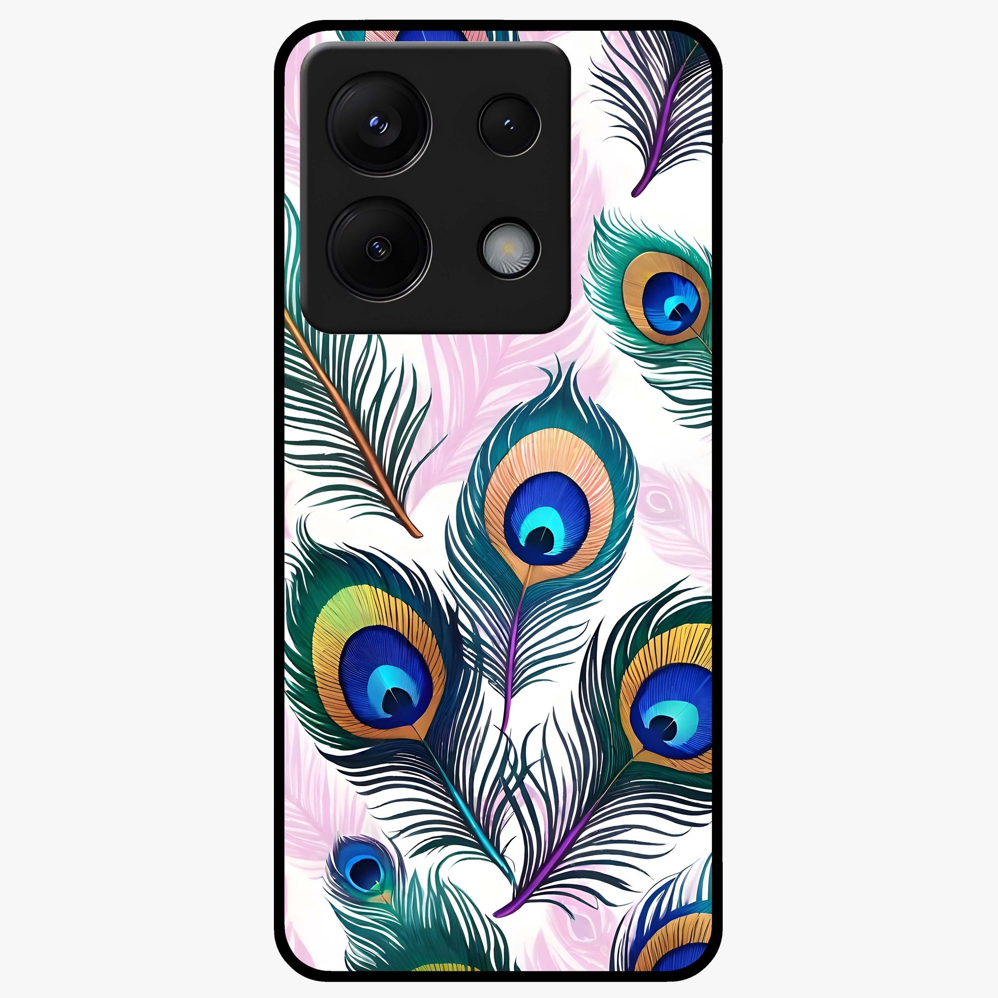 Royal Peacock Feathers Glass Case showing flat back view with colorful peacock feather artwork and glossy glass finish.