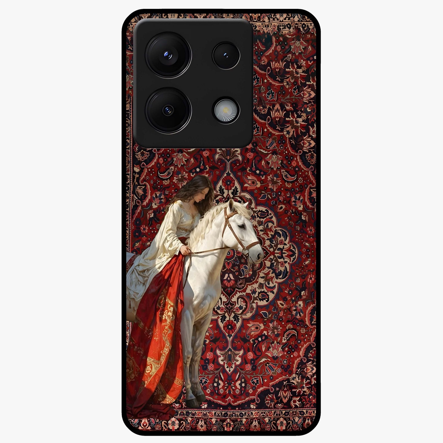 Royal Rider Tapestry Glass Case showing flat back view with majestic horse rider tapestry artwork and glossy glass finish.