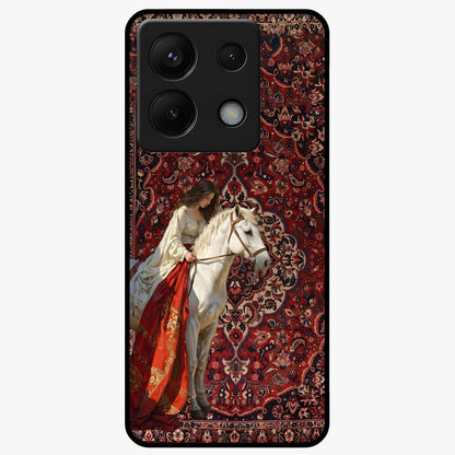 Royal Rider Tapestry Glass Case showing flat back view with majestic horse rider tapestry artwork and glossy glass finish.