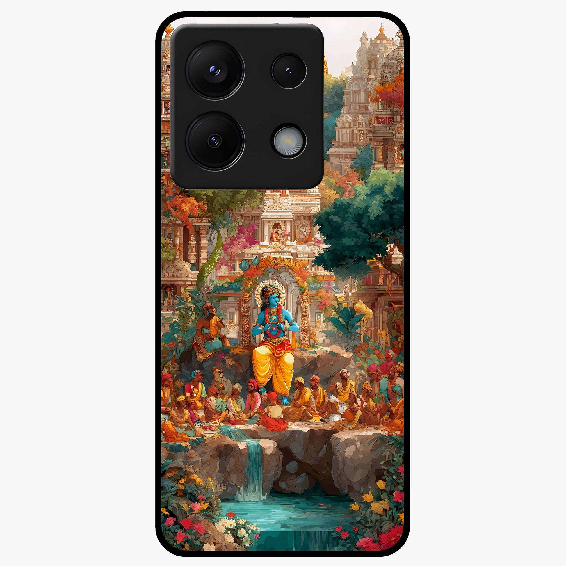 Sacred Sunlight Gods Glass Case showing flat back view with divine sunlight themed artwork and glossy glass finish.