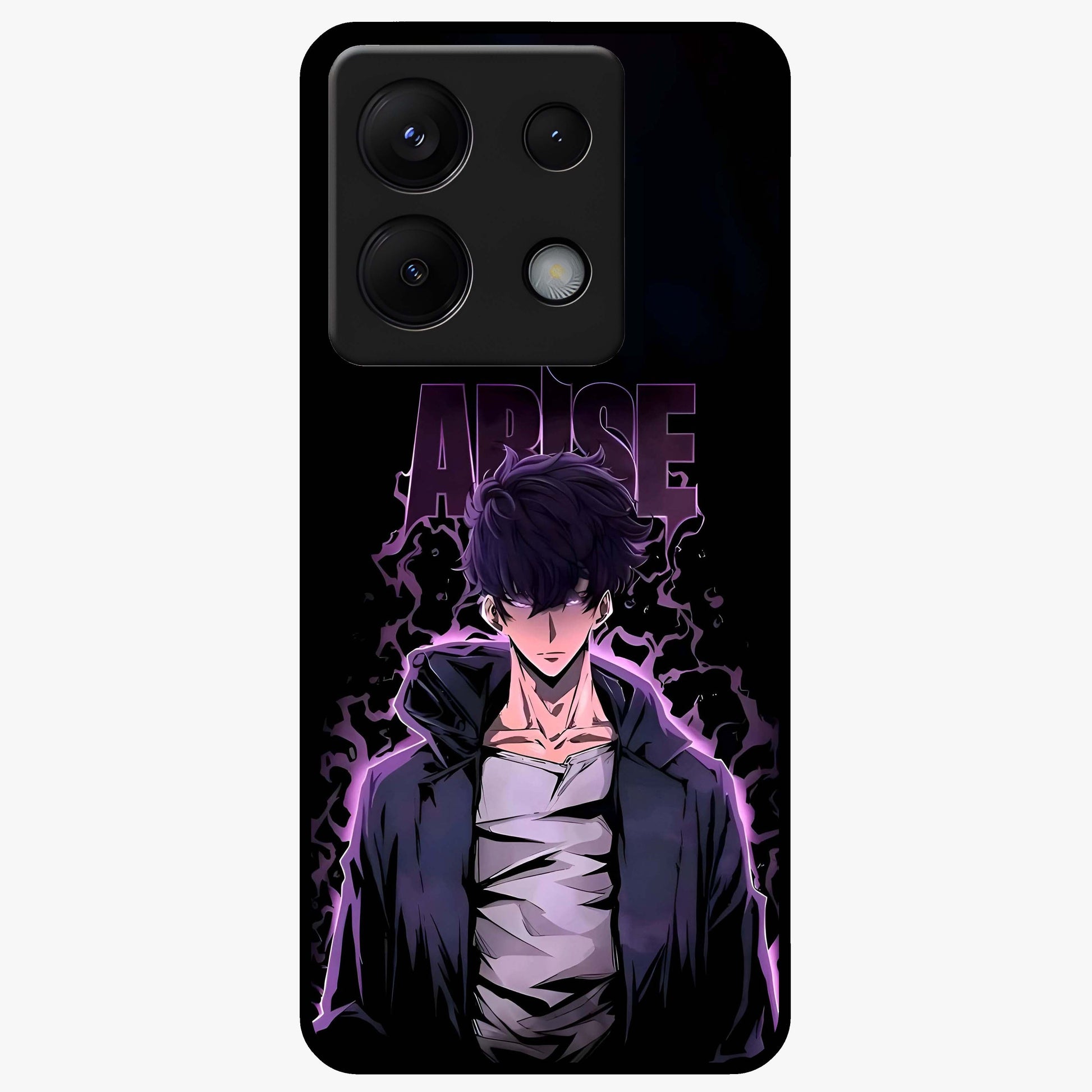 Shadow Monarch Awakening Glass Case showing flat back view with powerful dark monarch themed artwork and glossy glass finish.