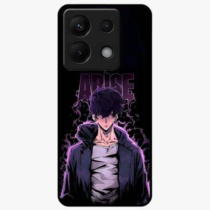 Shadow Monarch Awakening Glass Case showing flat back view with powerful dark monarch themed artwork and glossy glass finish.