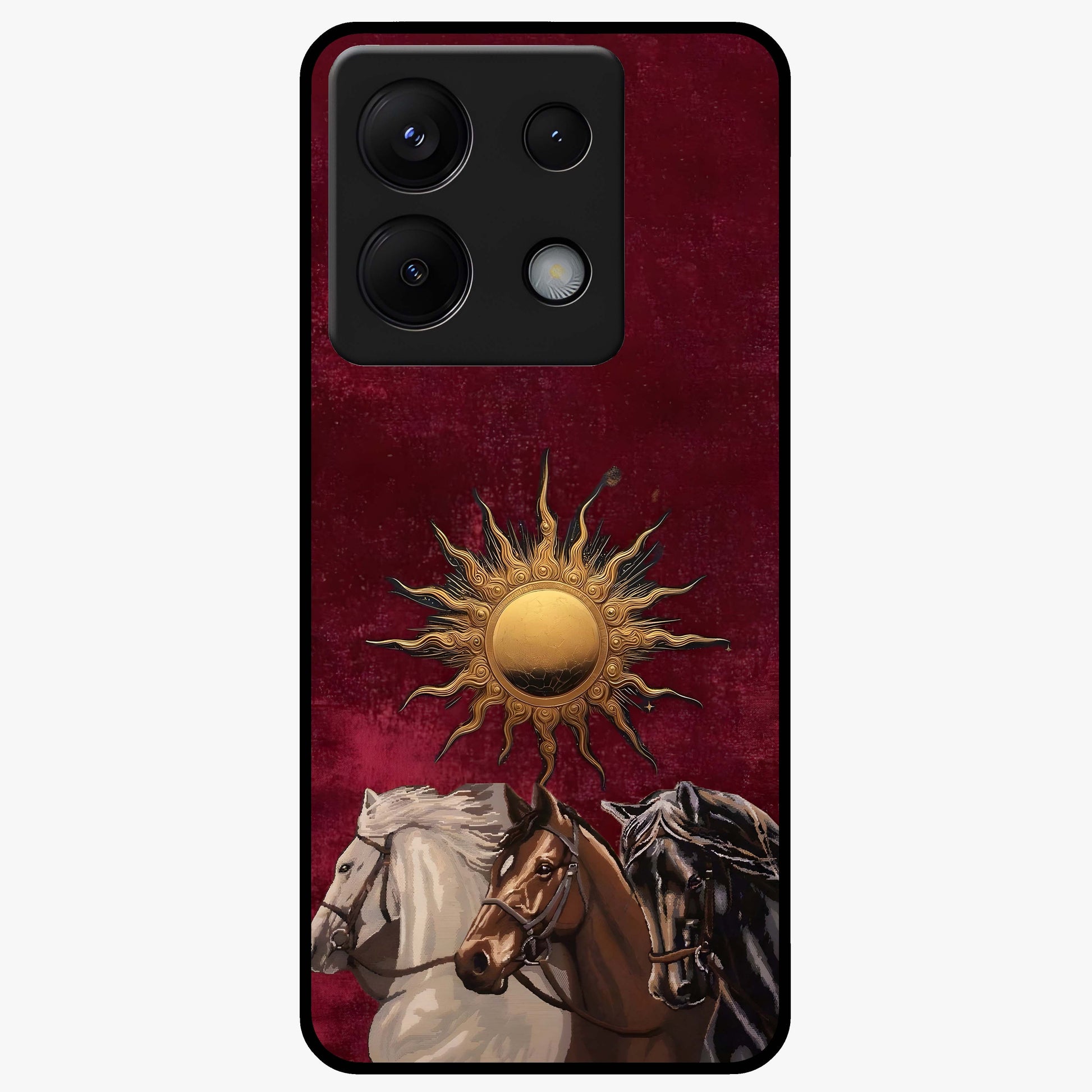 Solar Riders Glass Case showing flat back view with dynamic rider themed artwork and glossy glass finish.