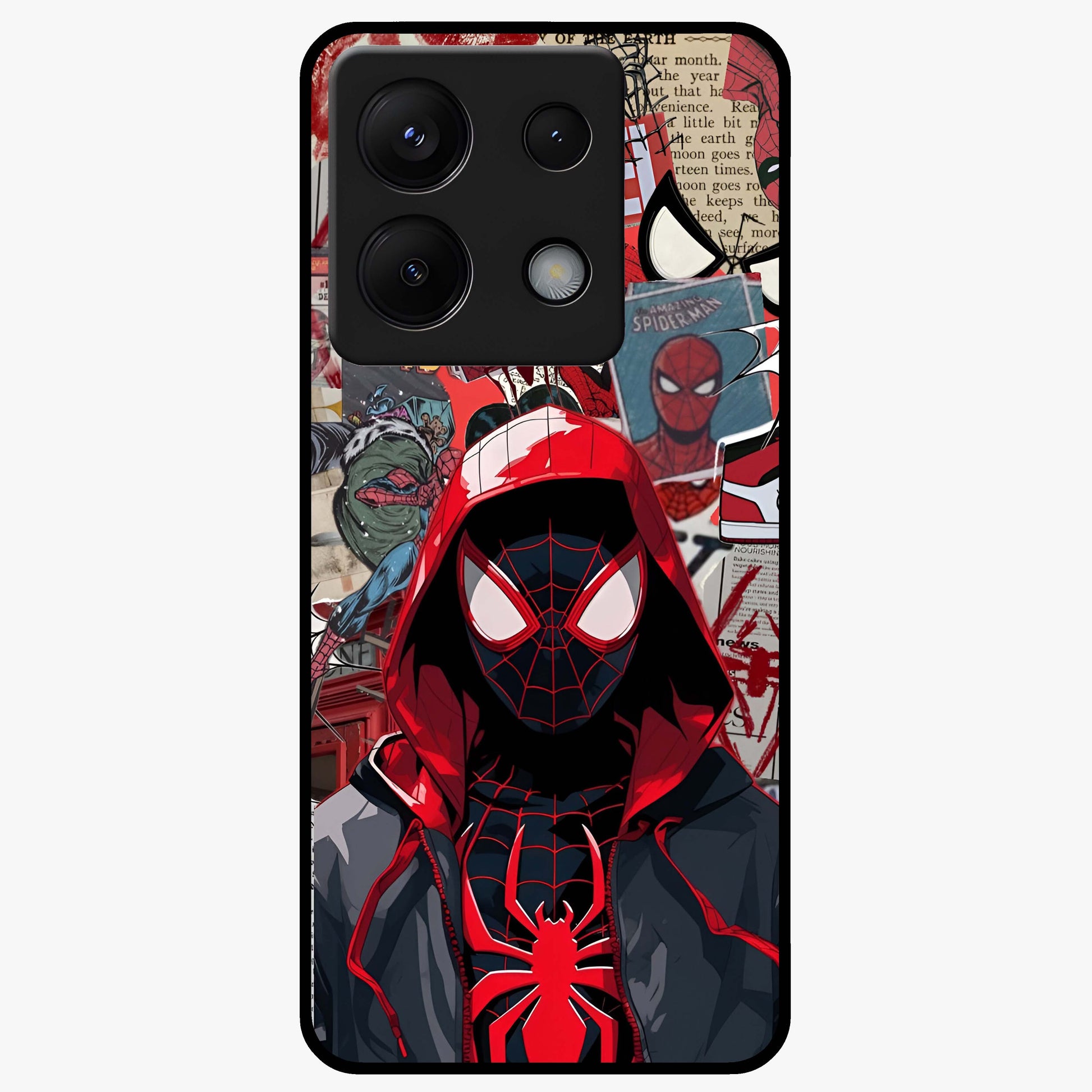 Spider Collage Street Glass Case showing flat back view with vibrant superhero collage artwork and glossy glass finish.