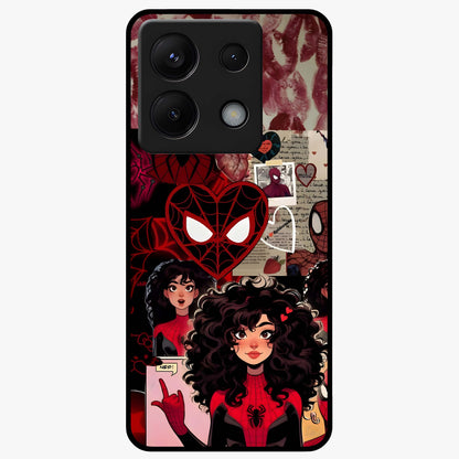 Spider Love Story Glass Case showing flat back view with romantic superhero themed artwork and glossy glass finish.