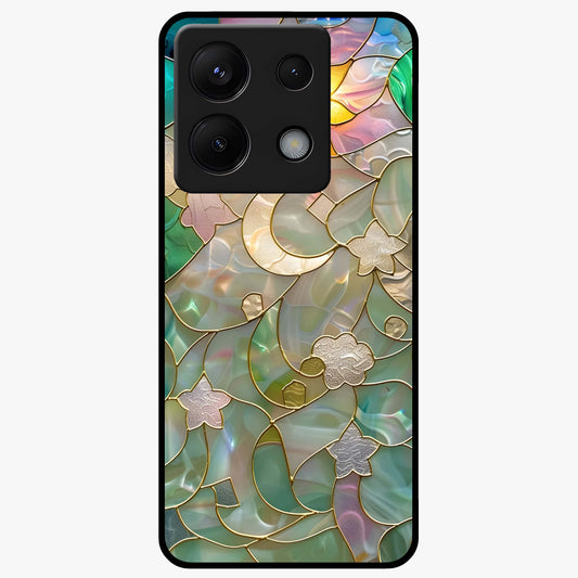 Stained Sunrise Glow Glass Case showing flat back view with glowing sunrise stained pattern artwork and glossy glass finish.