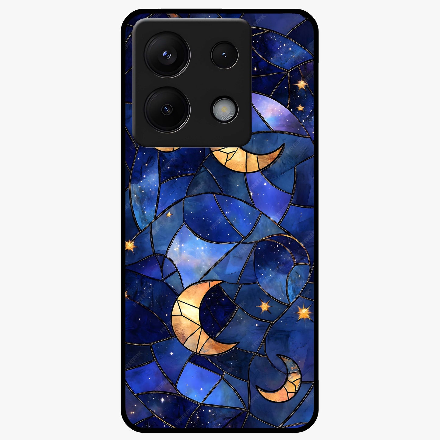 Starlit Sky Tapestry Glass Case showing flat back view with decorative starry sky tapestry artwork and glossy glass finish.