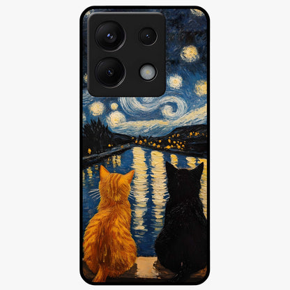 Starry River Cats Glass Case showing flat back view with cats by a starry river artwork and glossy glass finish.