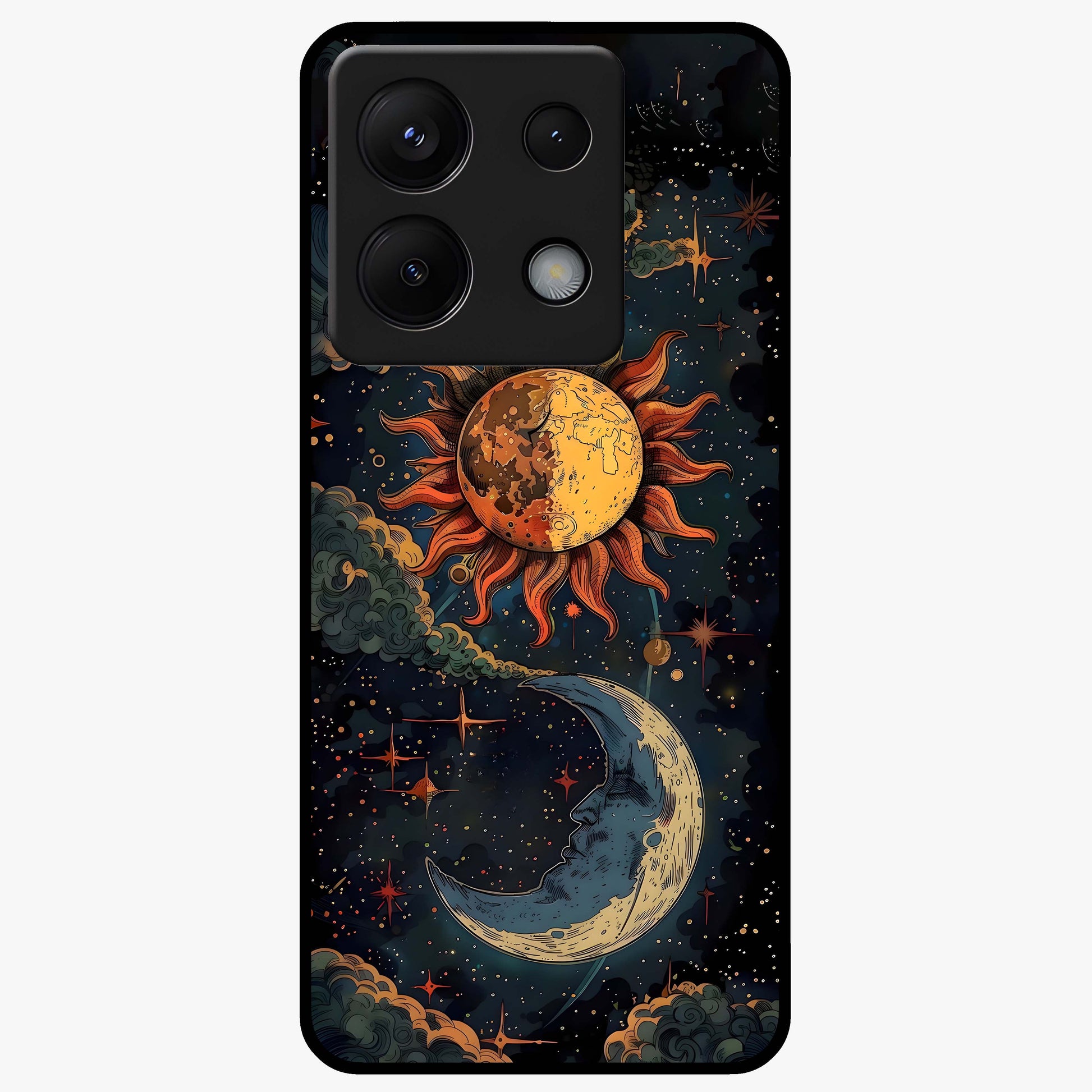 Sun And Moon Magic Design Glass Case showing flat back view with mystical sun and moon artwork and glossy glass finish.