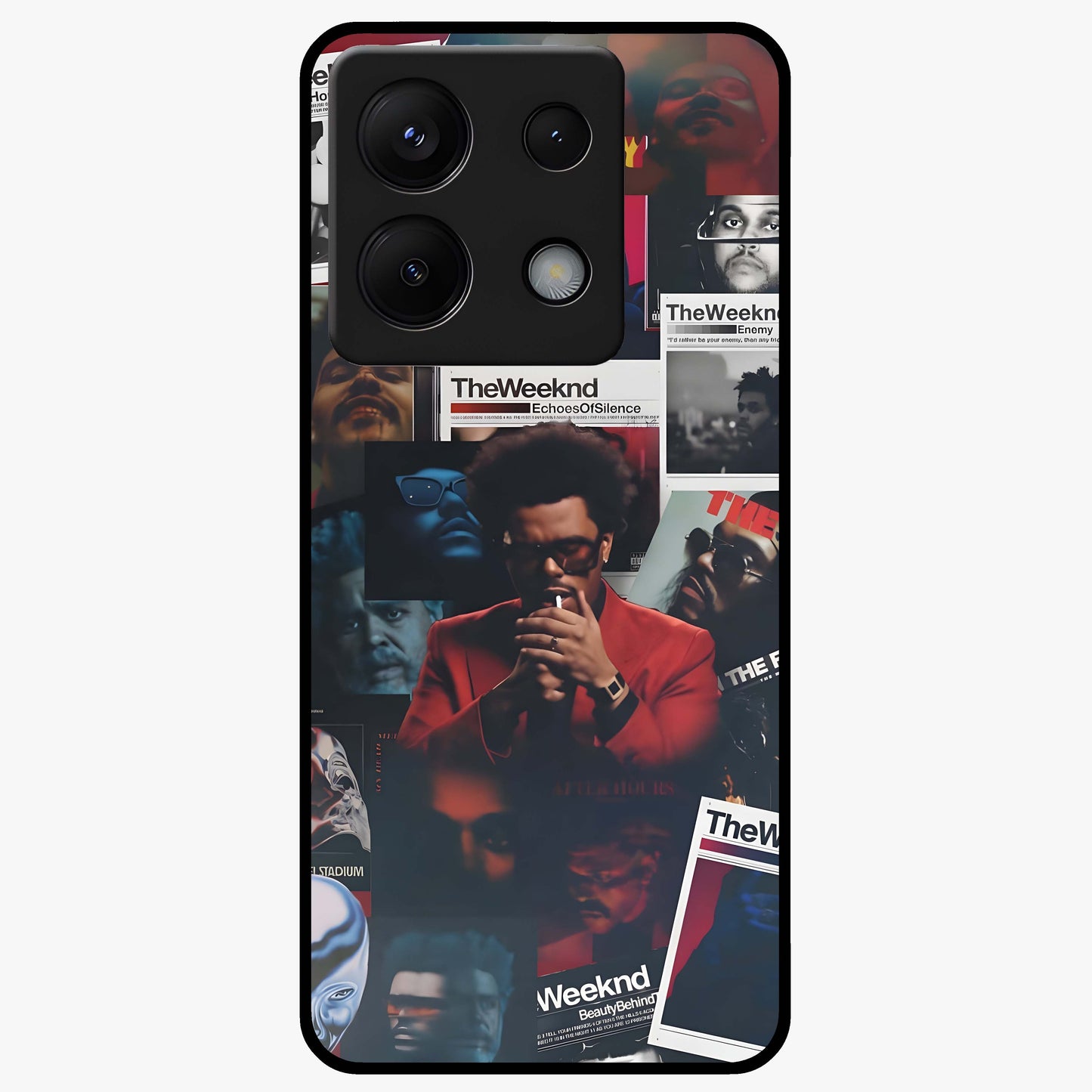 The Weeknd Glass Case showing flat back view with music inspired artistic portrait artwork and glossy glass finish.