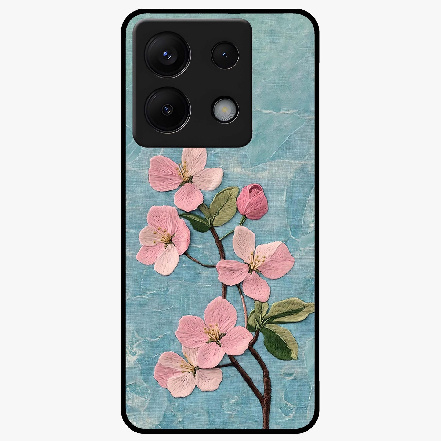 Threaded Blossom Breeze Glass Case showing flat back view with delicate blossom artwork and glossy glass finish.