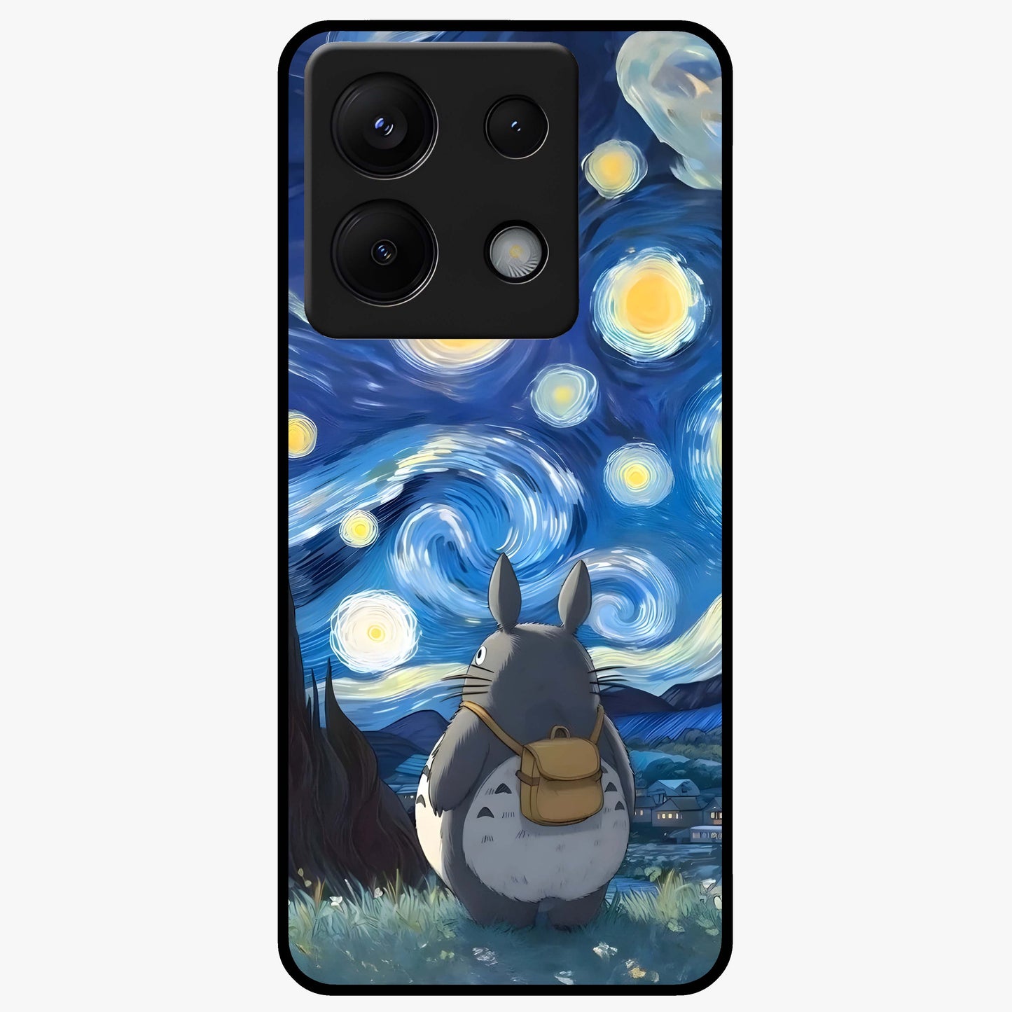 Totoro In Van Gogh Art Glass Case showing flat back view with whimsical character artwork inspired by Van Gogh style and glossy glass finish.