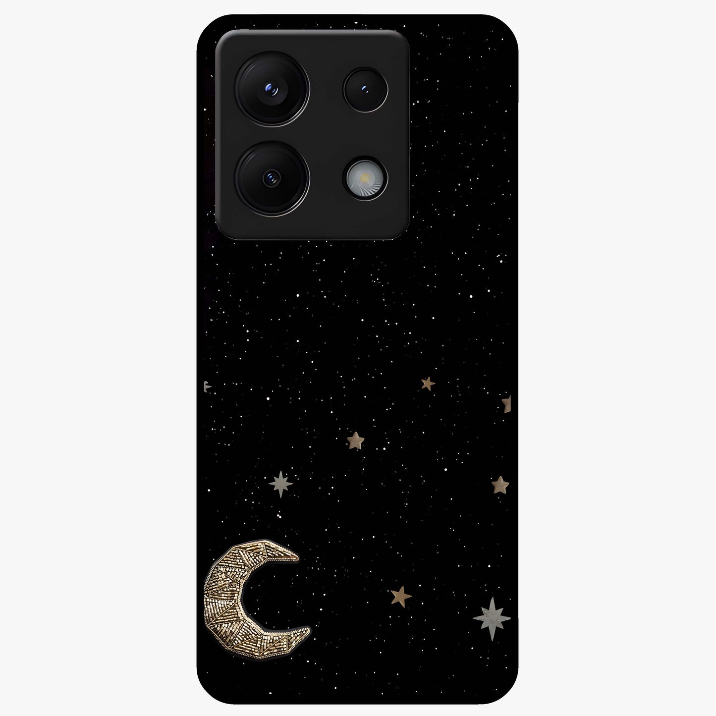 Twinkle Star With Half Moon Glass Case showing flat back view with star and half moon artwork and glossy glass finish.