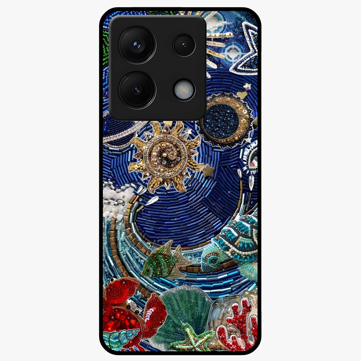 Universe Underwater Spark Glass Case showing flat back view with cosmic underwater themed artwork and glossy glass finish.