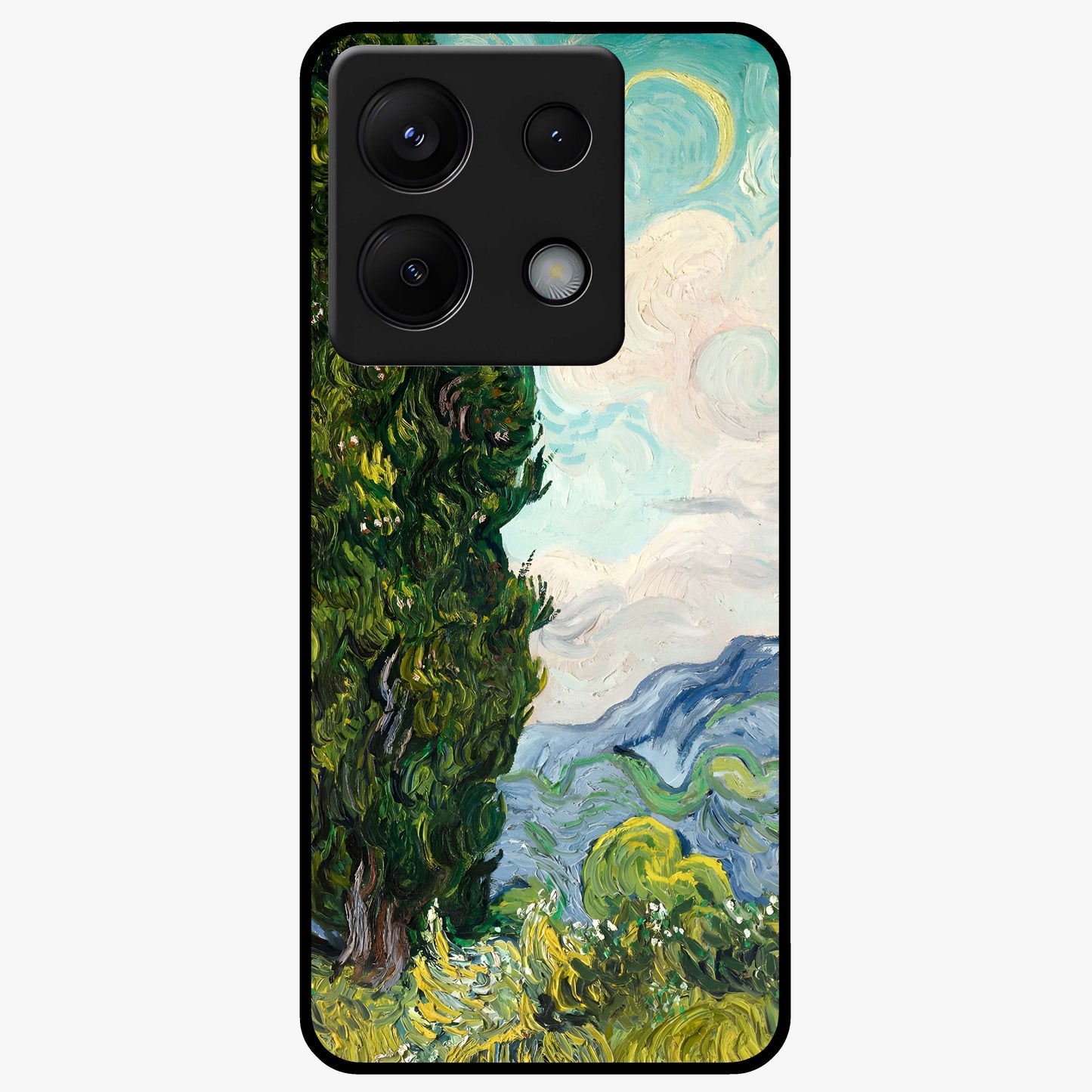 Van Gogh Vintage Art Glass Case showing flat back view with vintage painterly artwork inspired by Van Gogh style and glossy glass finish.