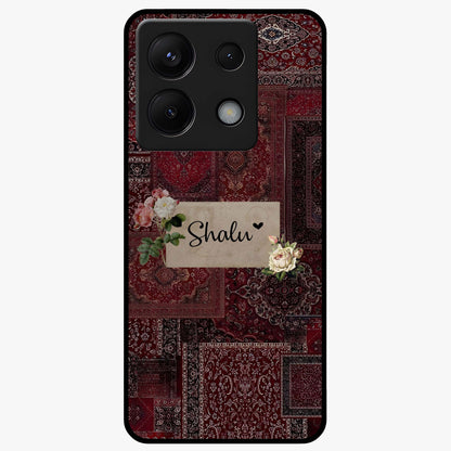 Velvet Wine Pattern Custom Name Glass Case showing flat back view with elegant wine colored pattern artwork and personalized name design.