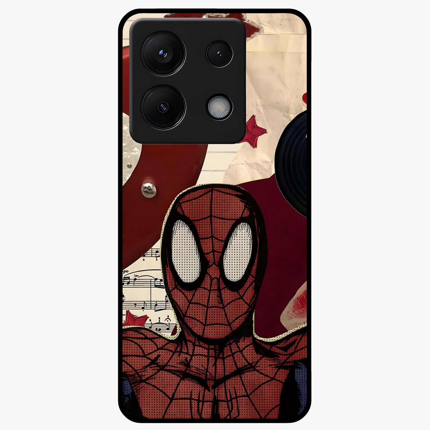 Web Warrior Vibes Glass Case showing flat back view with superhero inspired web themed artwork and glossy glass finish.