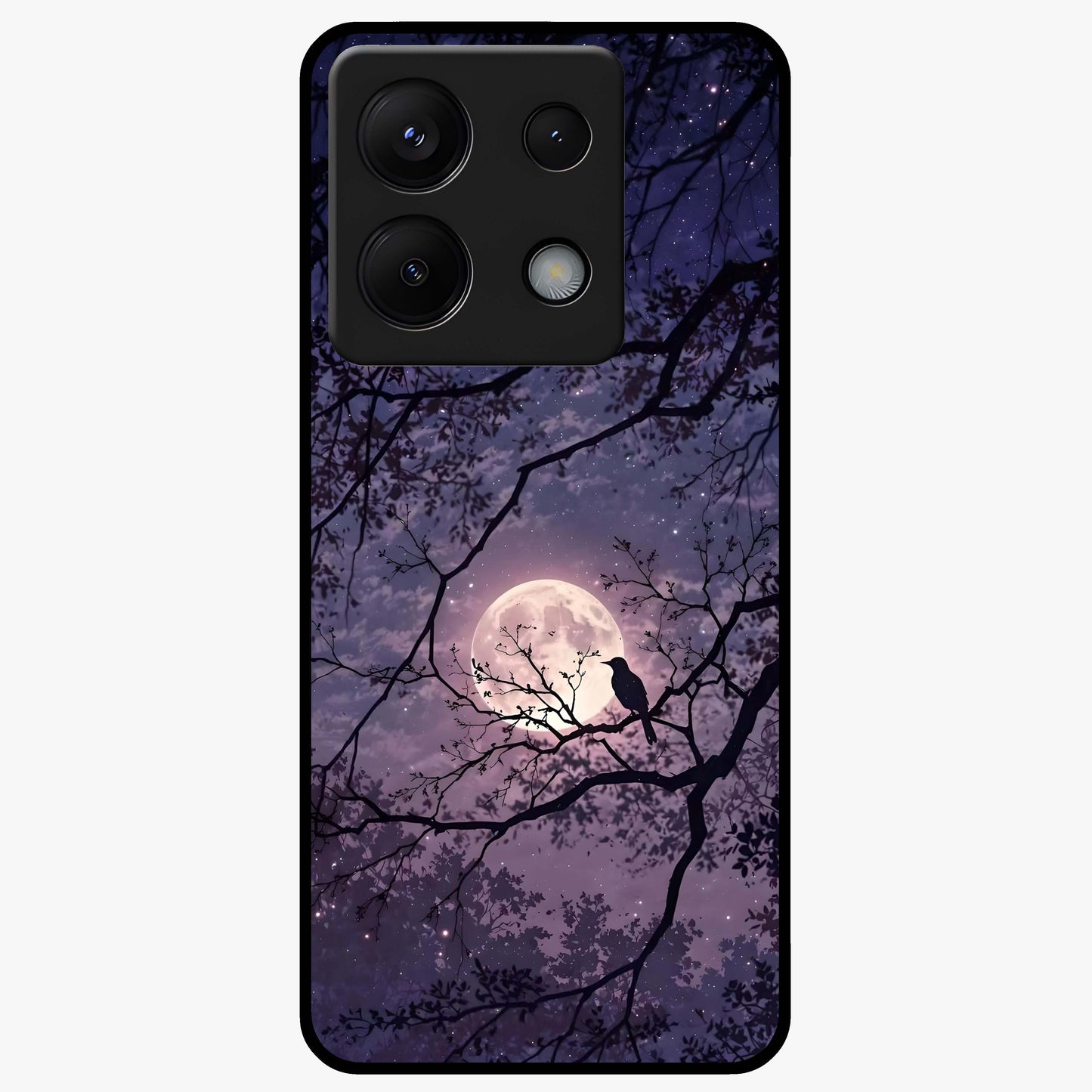 Whispering Moon Silence Glass Case showing flat back view with serene moon themed artwork and glossy glass finish.