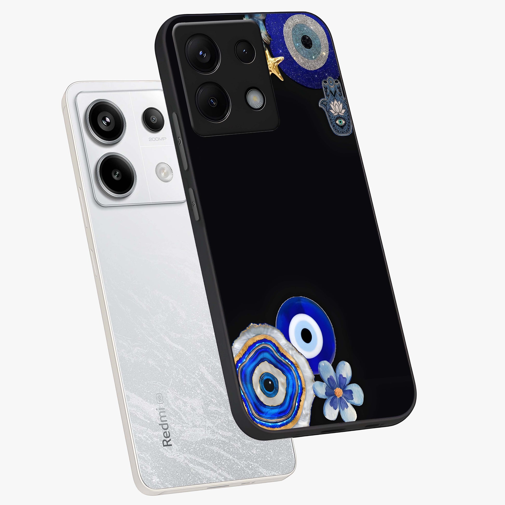Aesthetic Blue Evil Eye Glass Case displayed in angled mockup highlighting blue evil eye symbol and spiritual aesthetic design.
