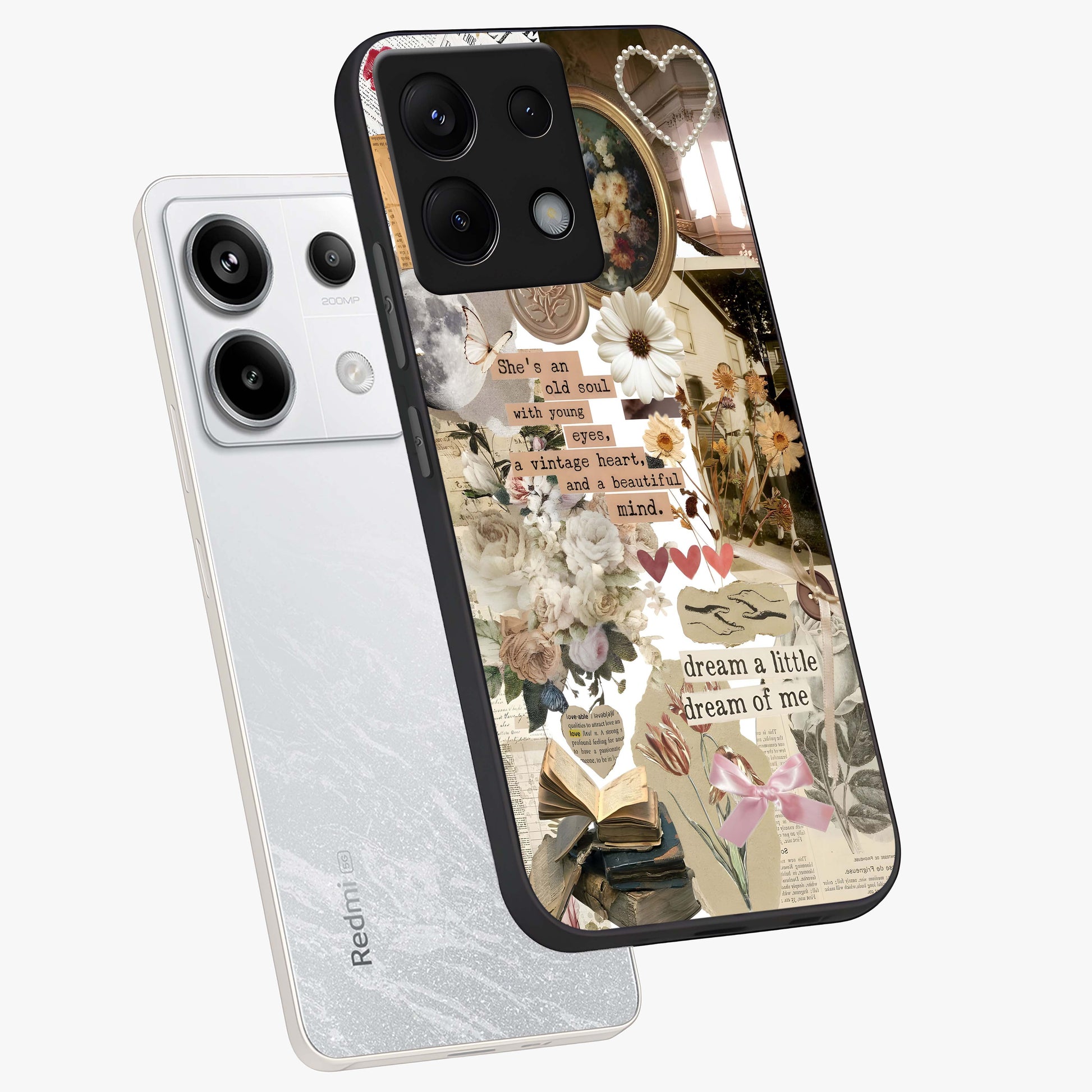 Aesthetic Brown Vintage Collage Glass Case displayed in angled mockup highlighting vintage aesthetic collage design.