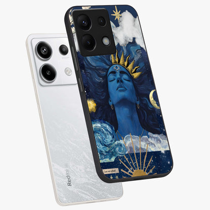 Aesthetic Lord Shiva Glass Case displayed in angled mockup highlighting spiritual Shiva illustration and sacred aesthetic design.