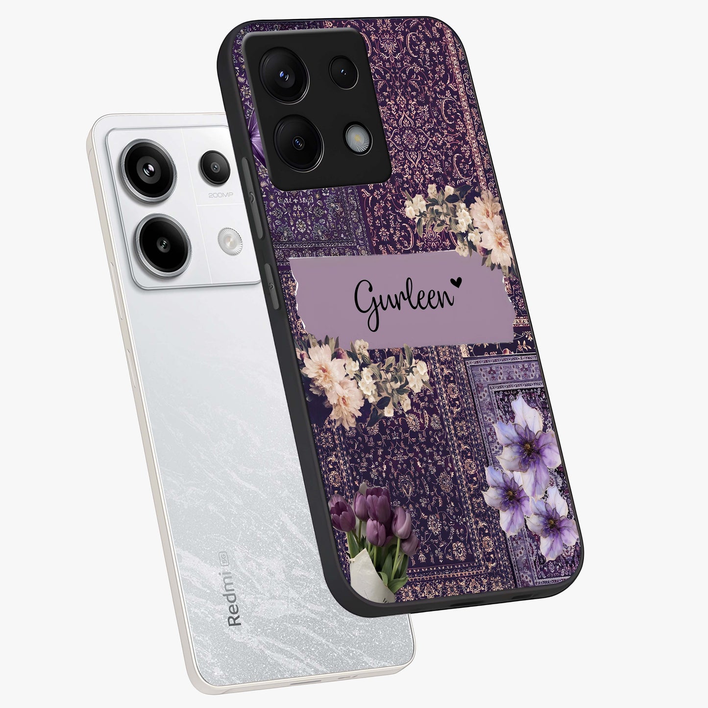 Antique Floral Whisper Custom Name Glass Case displayed in angled mockup highlighting elegant antique floral aesthetic.