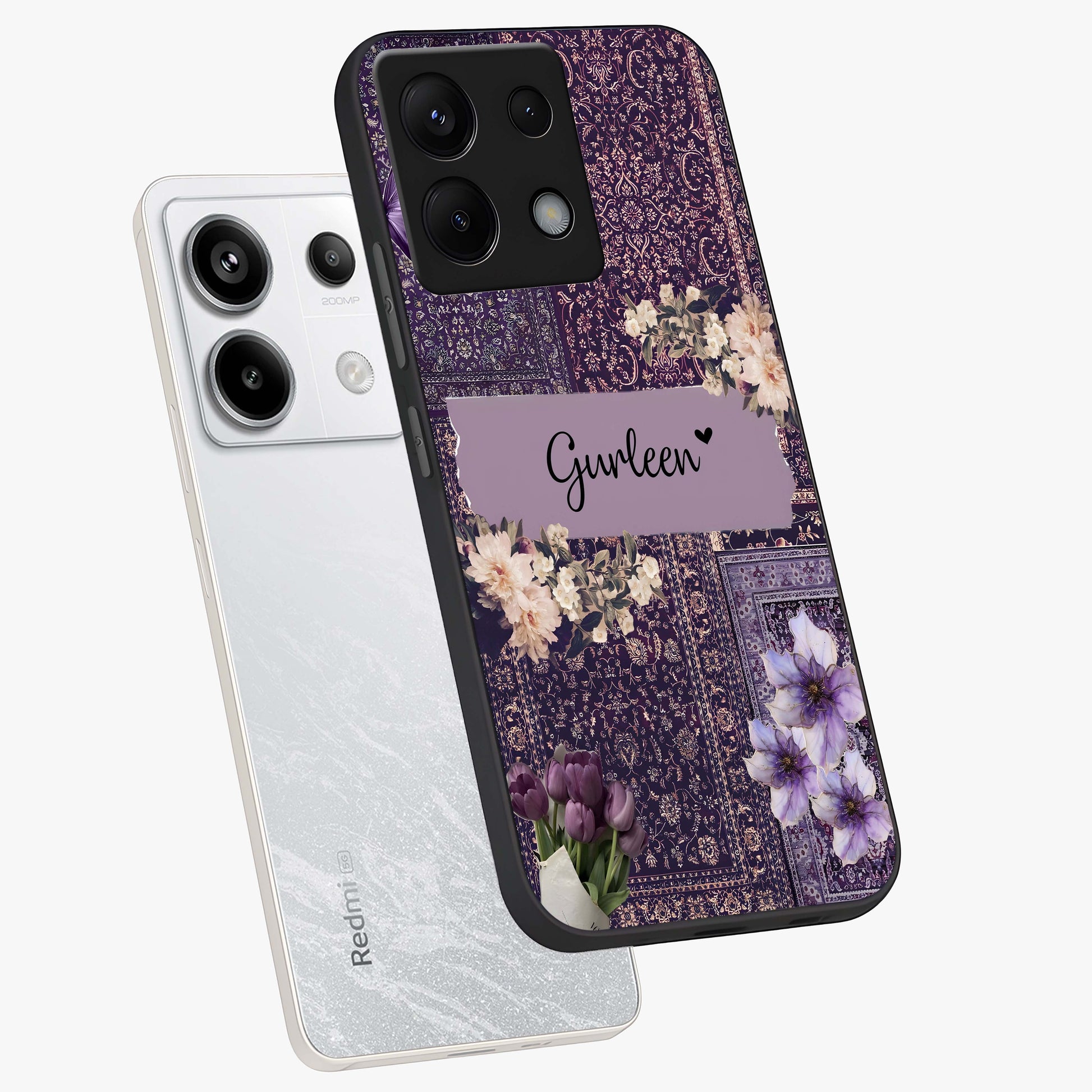 Antique Floral Whisper Custom Name Glass Case displayed in angled mockup highlighting elegant antique floral aesthetic.