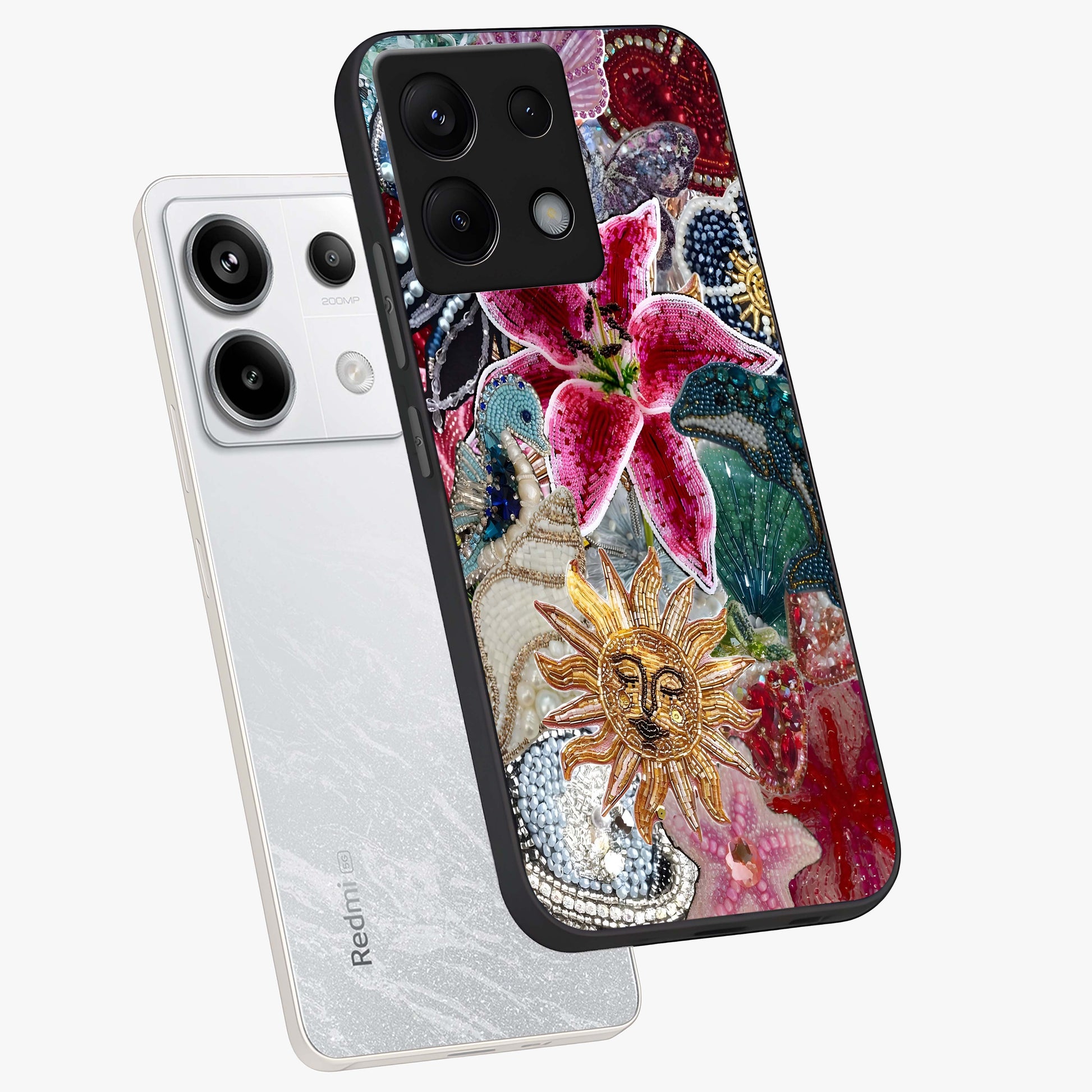 Beaded Garden Fantasy Glass Case displayed in angled mockup highlighting fantasy inspired floral bead pattern.