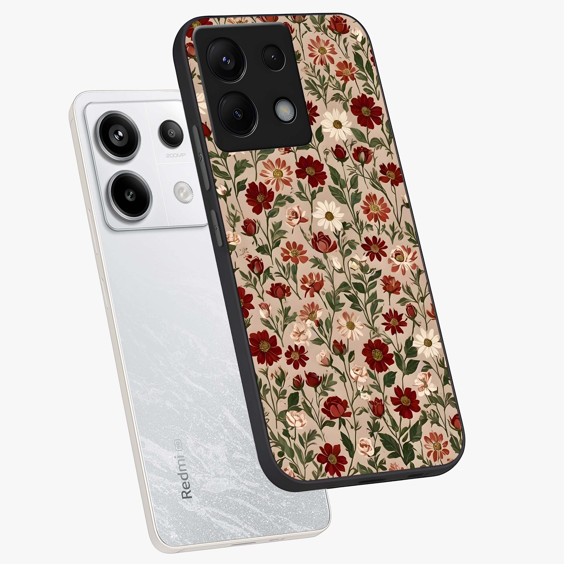 Biege Flower With Leaf Glass Case displayed in angled mockup highlighting minimal floral leaf design and elegant aesthetic.
