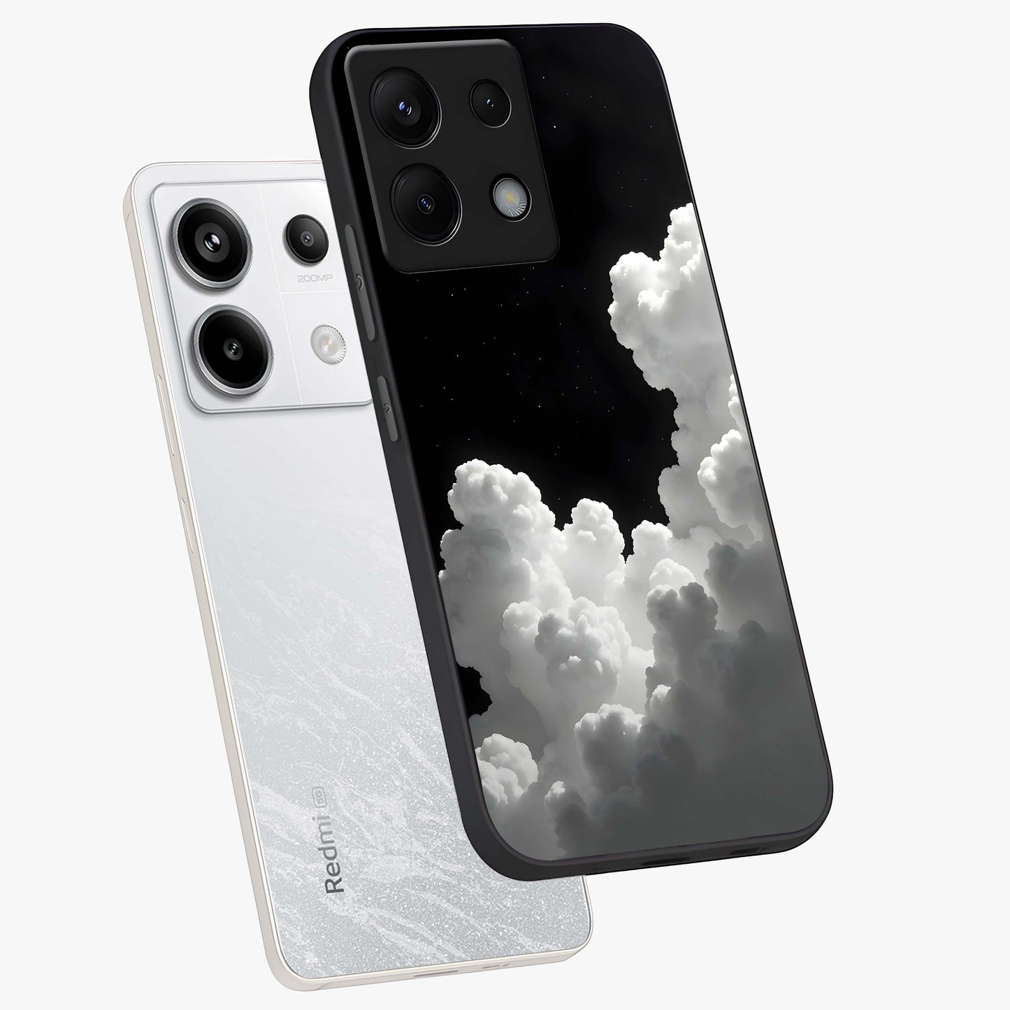 Black Background With White Cloud Glass Case displayed in angled mockup highlighting soft white cloud illustration and minimal design.